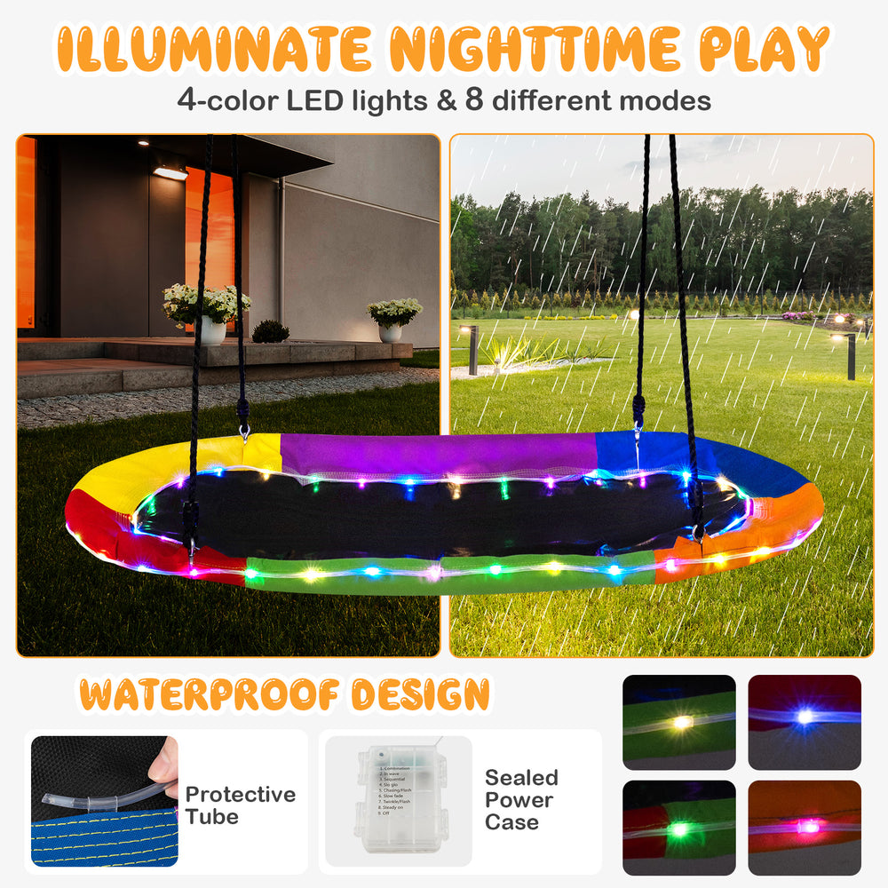 60-inch multicolor saucer swing with LED lights, sturdy Oxford fabric seat, waterproof design for nighttime fun.