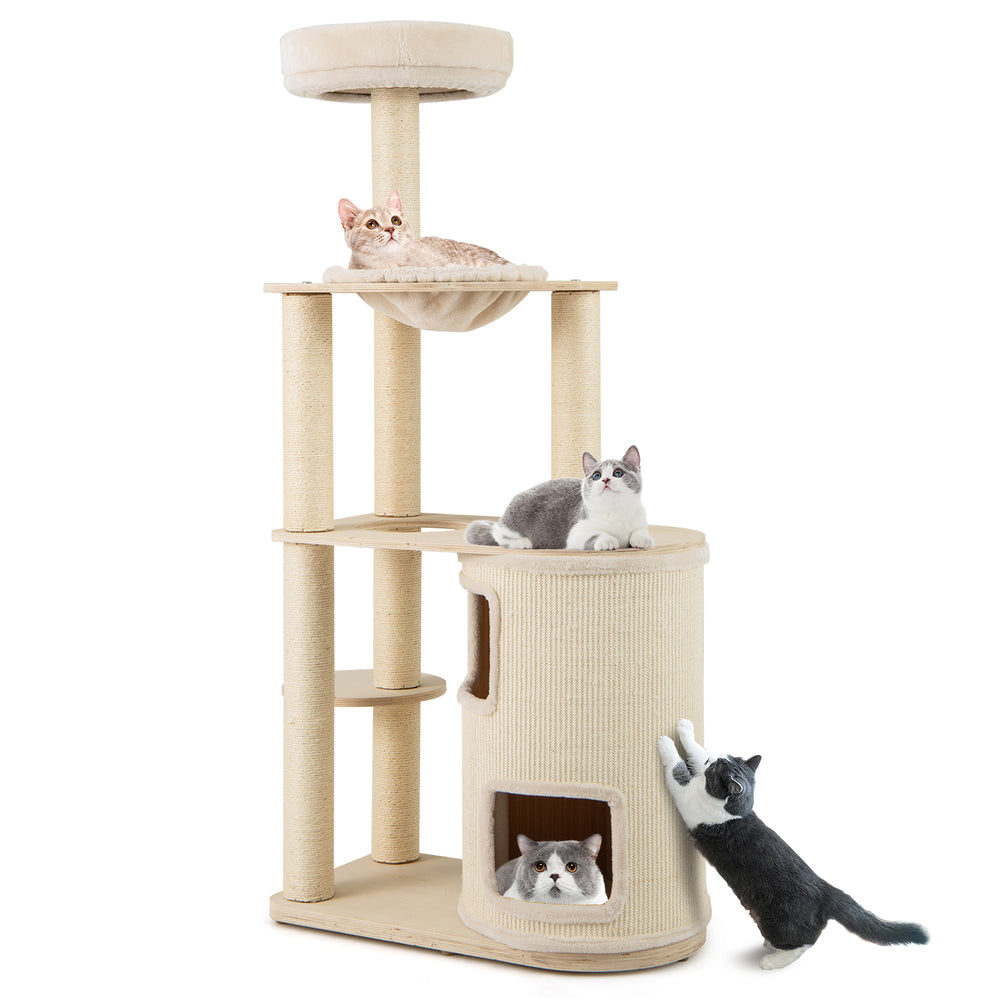 Tall cat tree with 2-story condo, sisal scratching posts, and plush hammock for playful and cozy cat lounging.