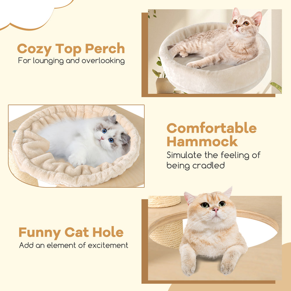 Cozy hammock on a 60-inch tall cat tree, featuring plush padding and sisal scratching posts for playful lounging.