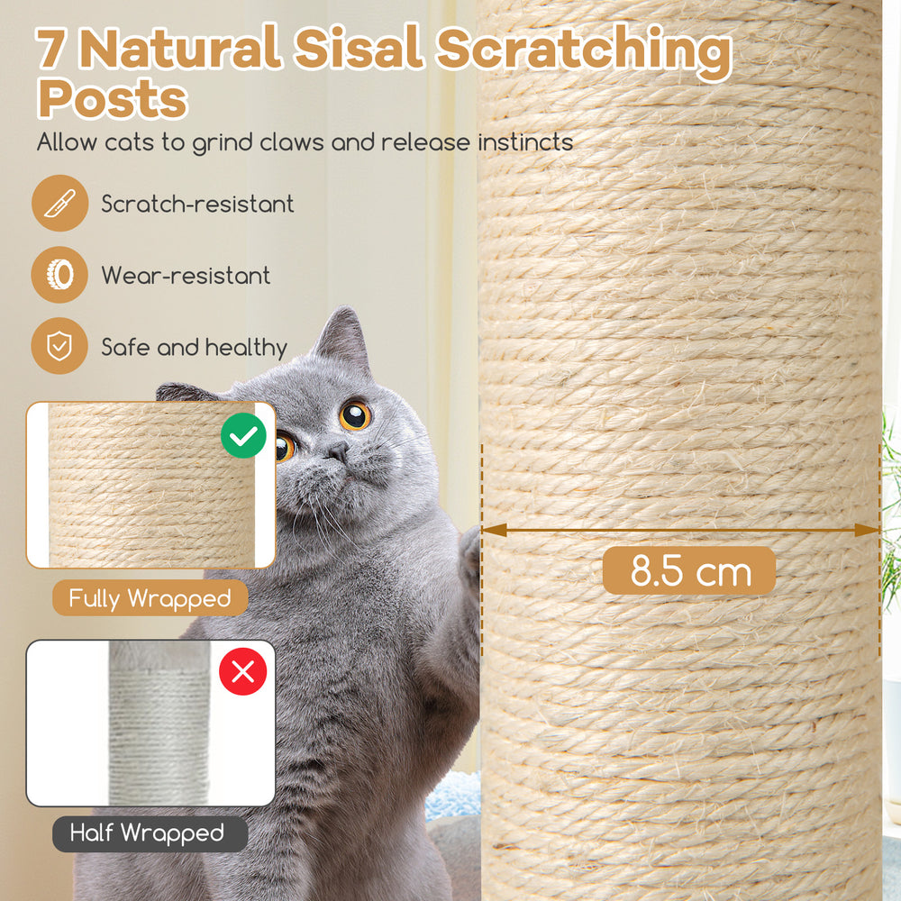 Natural sisal scratching post detail, 8.5 cm wide, designed for cat claw sharpening and healthy play.