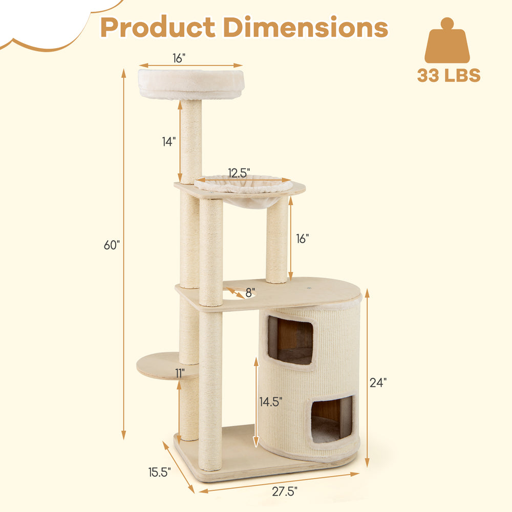 60-inch tall cat tree with 2-story condo, sisal scratching posts, and plush cushions for cozy cat lounging.