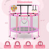 Pink 60" trampoline for kids with enclosure, swing, gymnastics bar, and basketball hoop, suitable for indoor and.