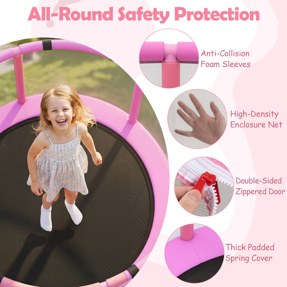 Kids' 60" trampoline with enclosure, featuring safety foam sleeves, adjustable gymnastics bar, and fun accessories for.