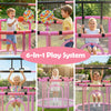 Kids enjoying the 6-in-1 trampoline with basketball hoop, swing, and gymnastics bar for indoor and outdoor fun.