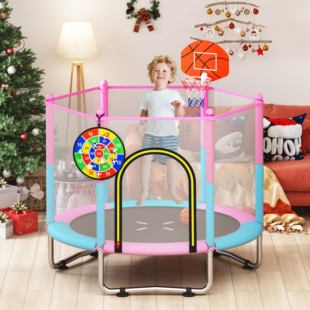 Kids trampoline with basketball hoop and dartboard, 60-inch jumping area, safe padded edges for indoor and outdoor play.