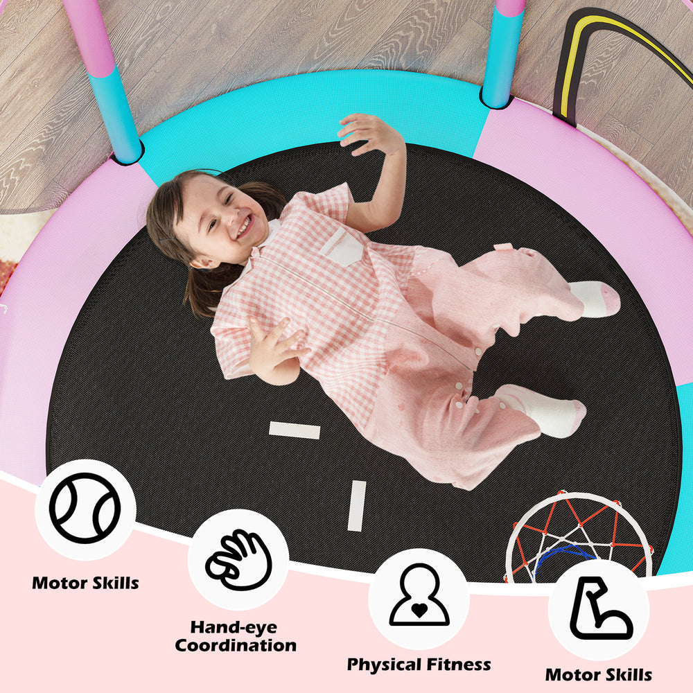 Kids enjoying the 60-inch macaron trampoline with basketball hoop, promoting motor skills and physical fitness.