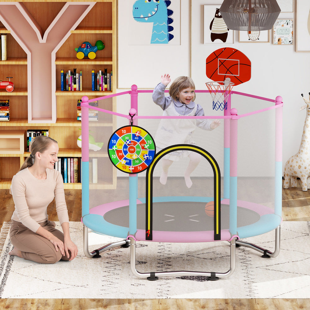 Kids trampoline with basketball hoop, 60-inch jumping area, padded edges, and safety net for indoor and outdoor play.