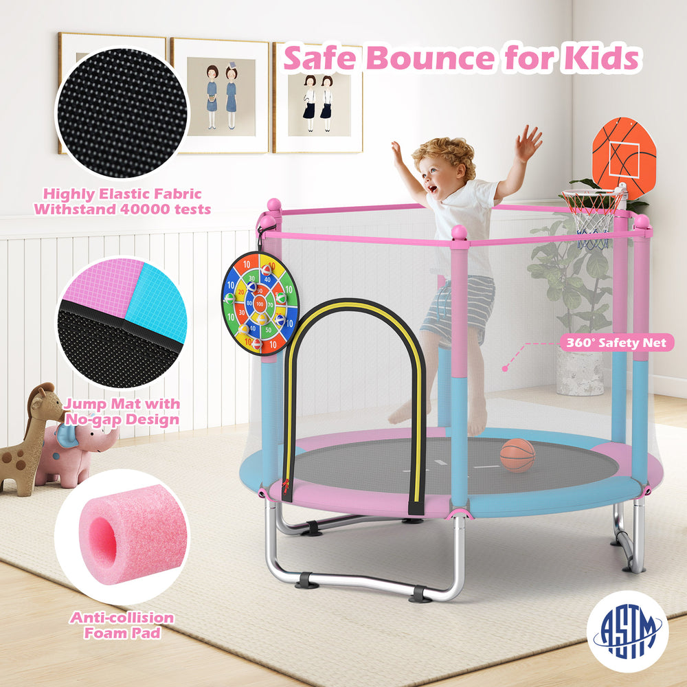 60-inch kids trampoline with basketball hoop, gap-free design, padded edges, and safety net for indoor and outdoor play.