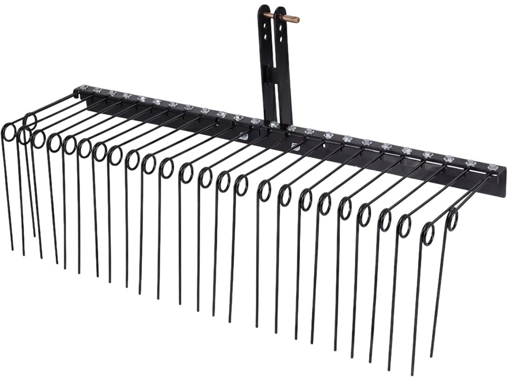 60-inch pine straw rake with 26 metal coil tines, designed for efficient debris collection in landscaping projects.