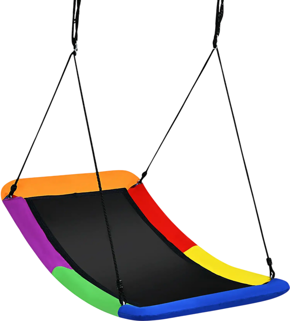 Colorful 60-inch platform tree swing made of durable Oxford fabric, suitable for kids and adults, for backyard fun.