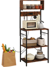 Rustic brown 60-inch tall microwave stand with open shelves, power strip, and 10 hanging hooks for kitchen organization.