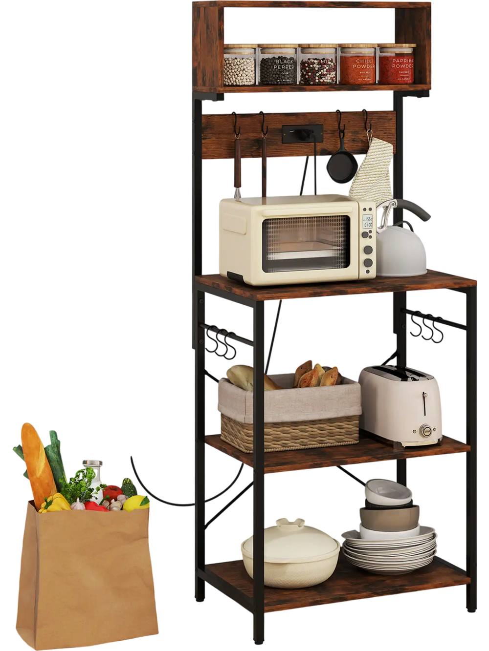 Rustic brown 60-inch tall microwave stand with open shelves, power strip, and 10 hanging hooks for kitchen organization.