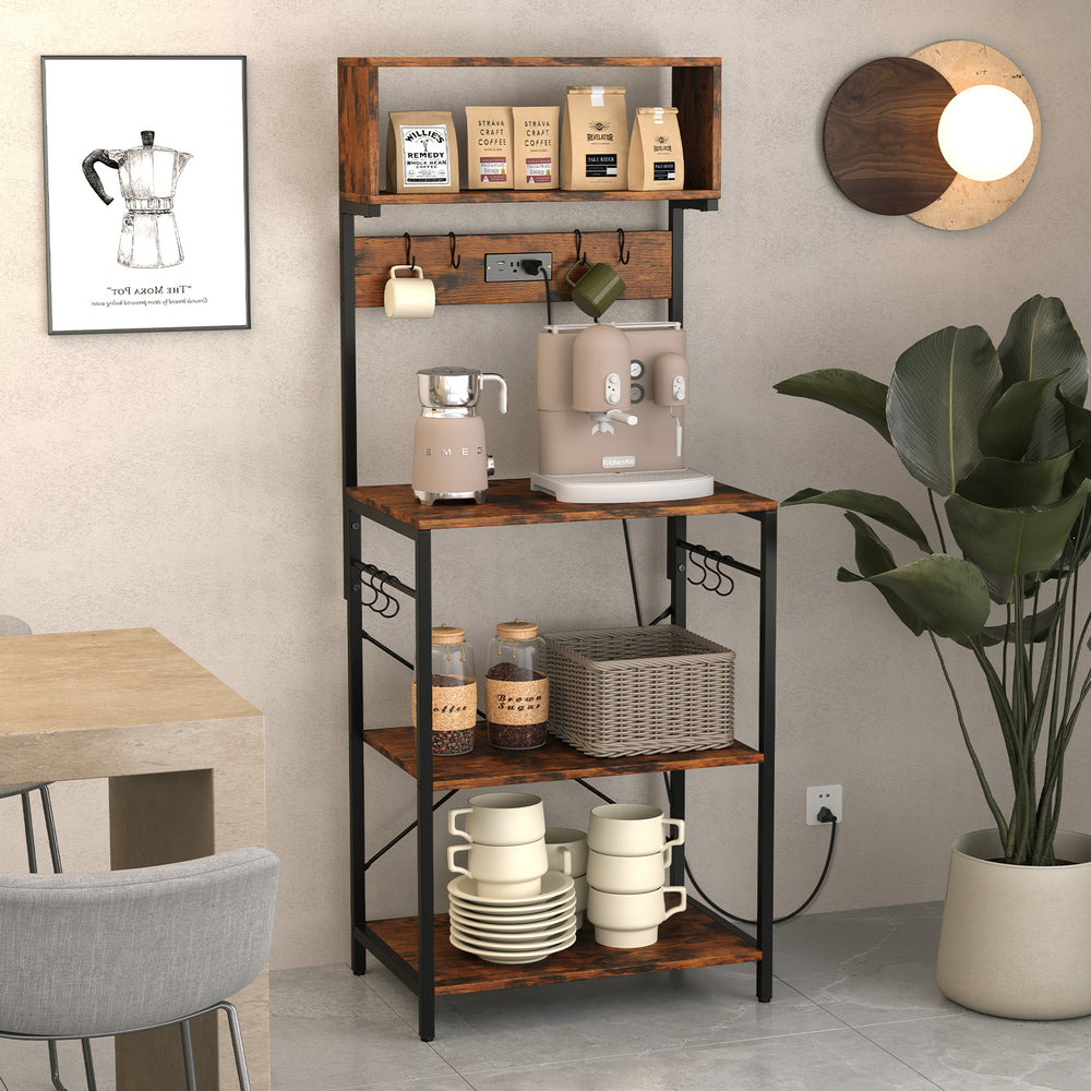 60-inch tall rustic brown microwave stand with 4 open shelves, built-in power strip, and 10 hanging hooks for kitchen.