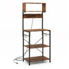 60-inch tall microwave stand in rustic brown with 4 open shelves, built-in power strip, and 10 hanging hooks for.
