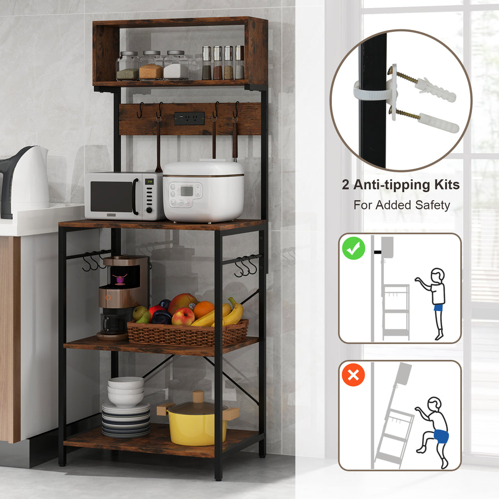 Rustic brown 60-inch microwave stand with open shelves, built-in power strip, and 10 hanging hooks for kitchen storage.