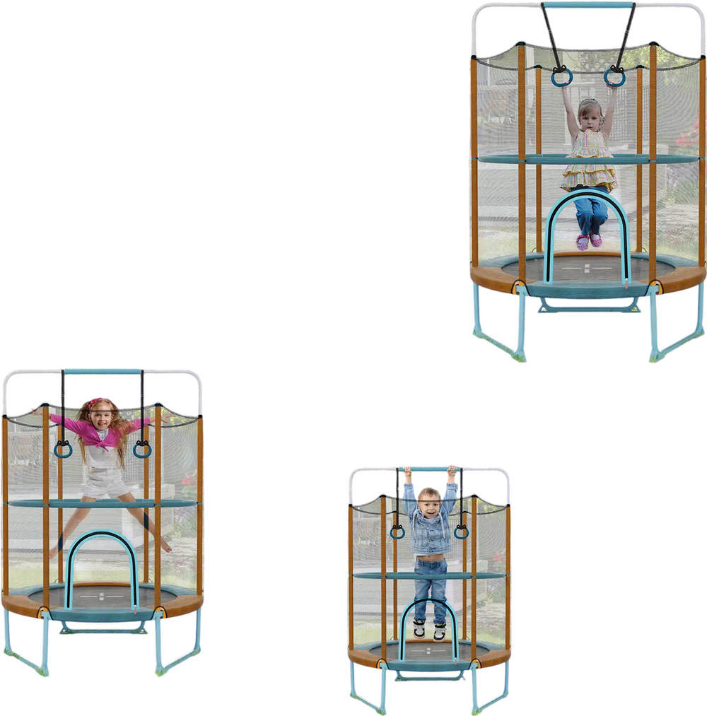 60-inch trampoline with detachable gymnastic bar and rings for kids, featuring high-density enclosure net and padded.