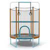 Toddler trampoline with gymnastic bar and rings, featuring a high-density enclosure net for safety and stability.