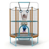 Toddler trampoline with gymnastic bar and rings, featuring a safety enclosure and padded design for kids aged 3-6.