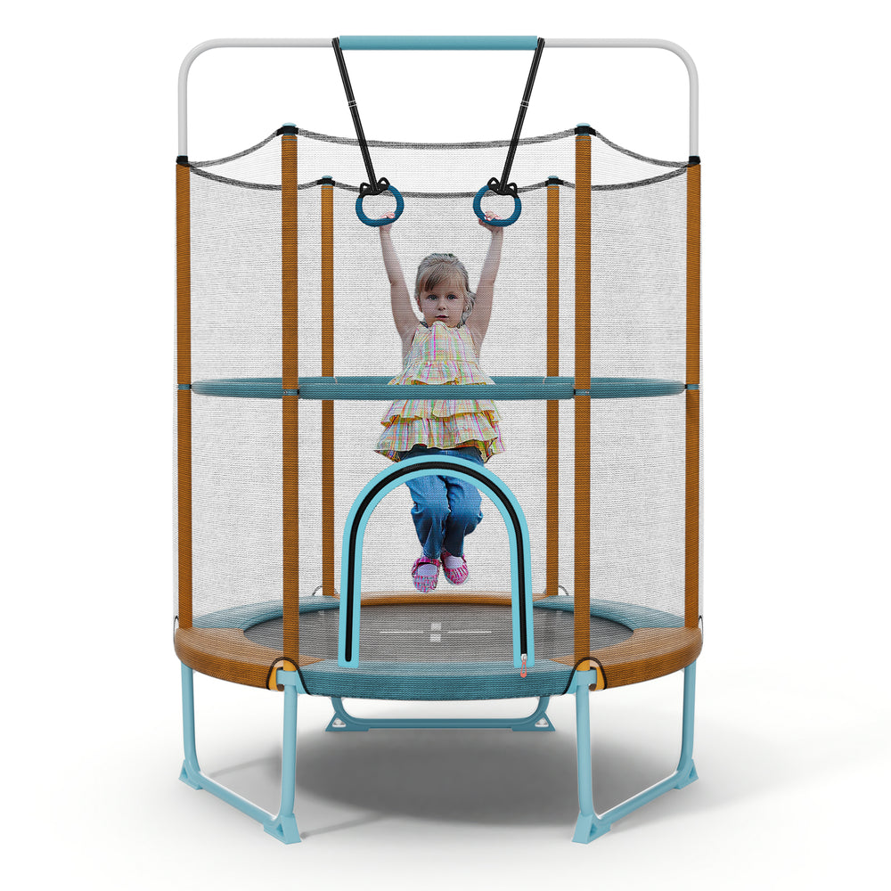 Toddler trampoline with gymnastic bar and rings, featuring a safety enclosure and padded design for kids aged 3-6.
