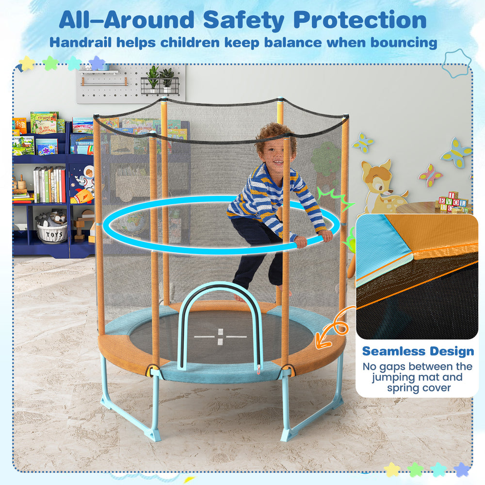 Toddler trampoline with gymnastic bar, safety net, and padded rings for kids aged 3-6, designed for secure bouncing fun.