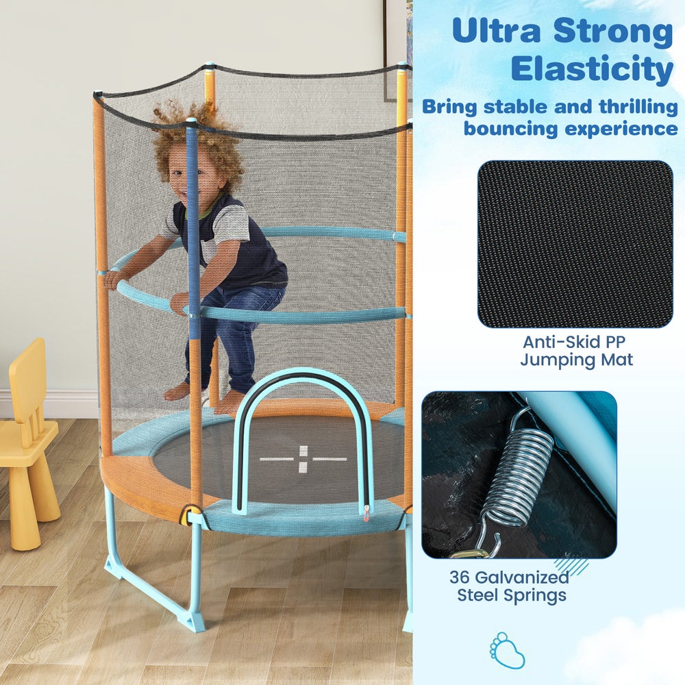 Toddler trampoline with gymnastic bar and rings, featuring a high-density enclosure net and anti-skid foot pads for.
