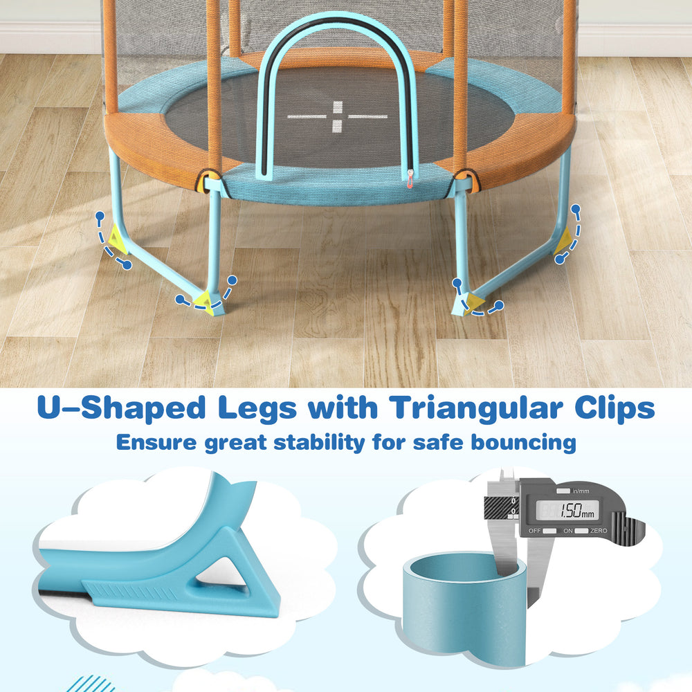 U-shaped legs with triangular clips on a 60-inch trampoline for kids, ensuring stability and safe bouncing.