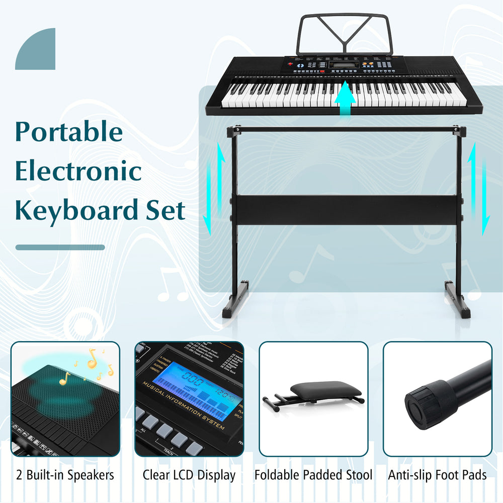 61-key electronic keyboard set with stand, padded stool, and headphones for beginner musicians, featuring built-in.