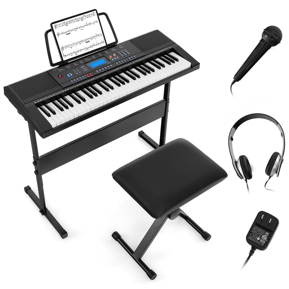 61-key electronic keyboard piano set with stand, bench, headphones, and microphone for beginner musicians.
