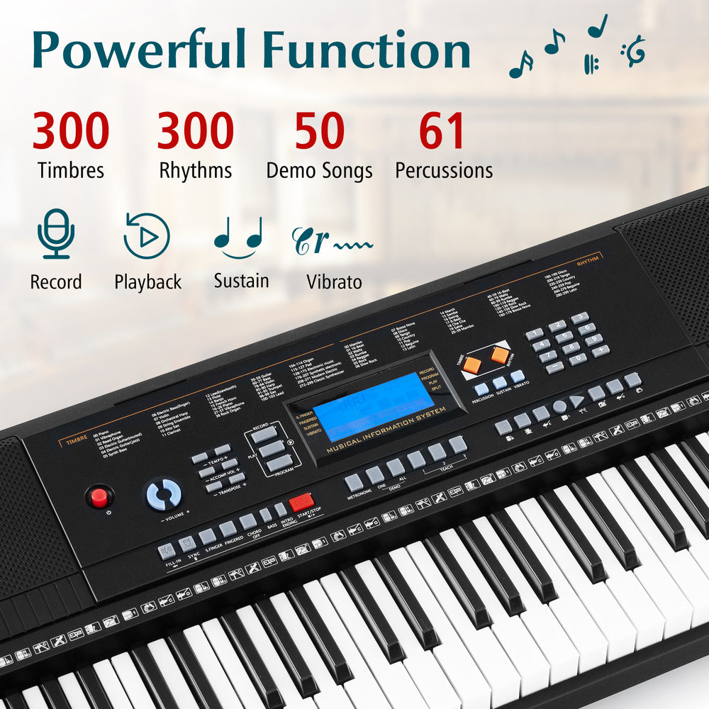 61-key electronic keyboard piano with 300 timbres, 300 rhythms, and included stand, bench, and headphones for beginners.
