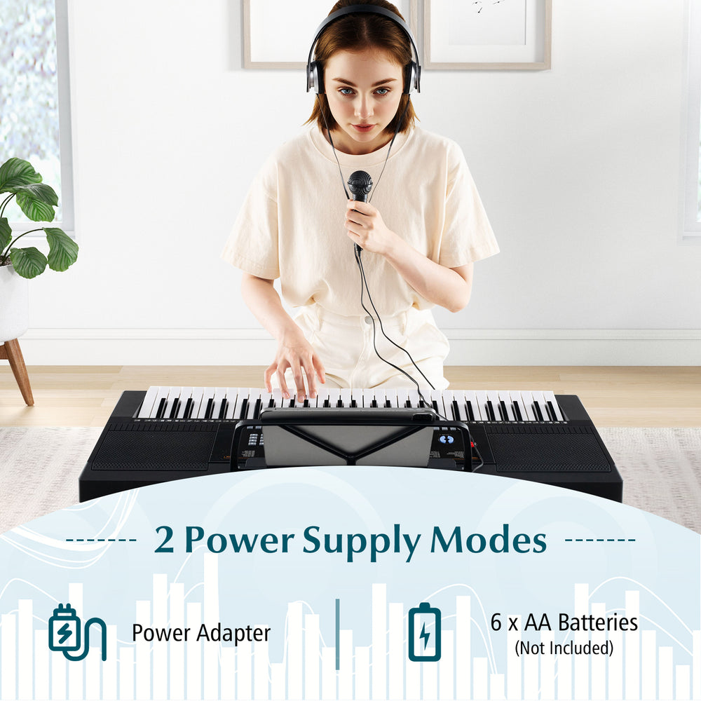61-key electronic keyboard piano with clear LCD display and dual power supply modes, perfect for beginner musicians.