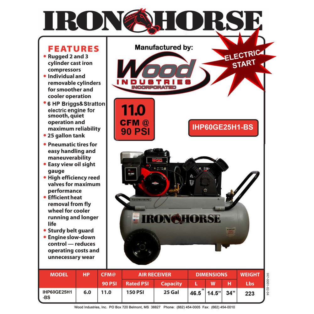 Iron Horse 25 Gallon Portable Air Compressor Features Sheet (Electric Start)
