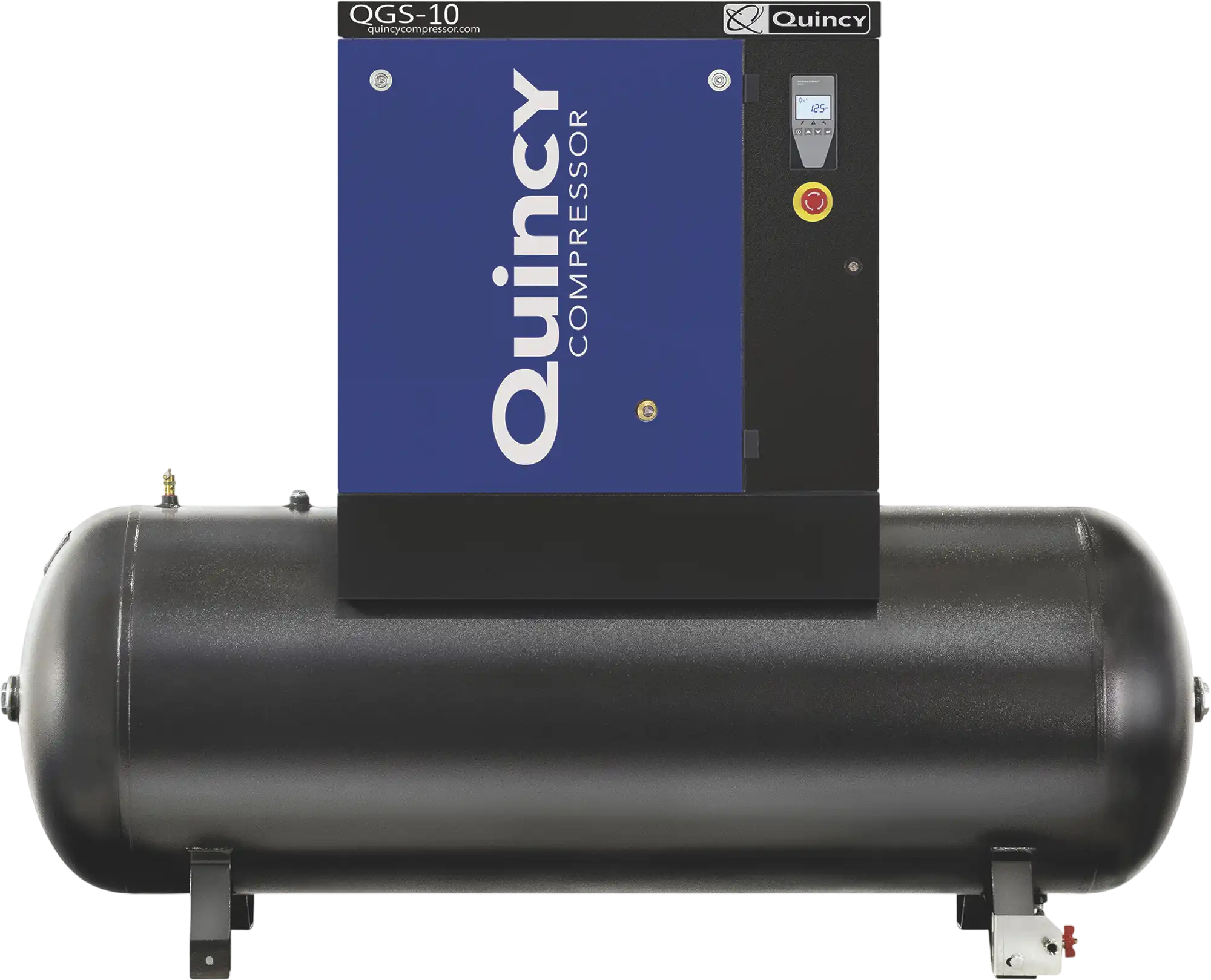 Quincy Compressor QGS-10 Rotary Screw Compressor 10 HP 38.8 CFM at 125 PSI 3-Phase 132-Gallon Horizontal Tank-Mount New
