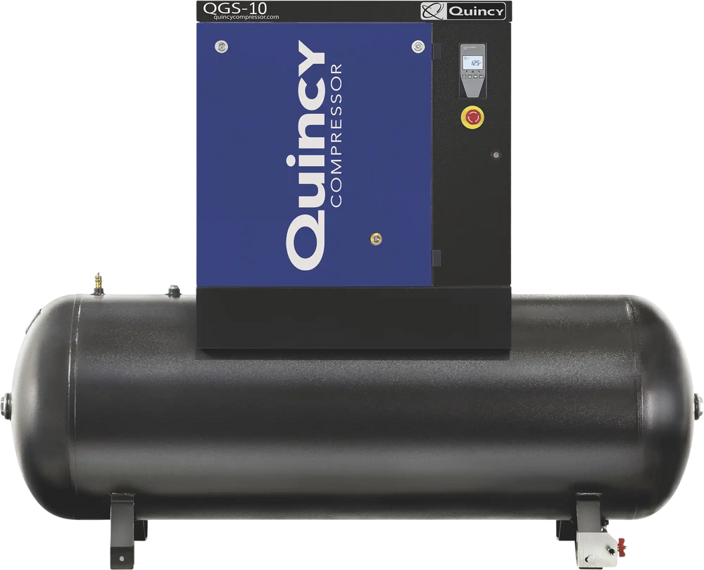 Quincy Compressor QGS-10 Rotary Screw Compressor 10 HP 38.8 CFM at 125 PSI 3-Phase 132-Gallon Horizontal Tank-Mount New