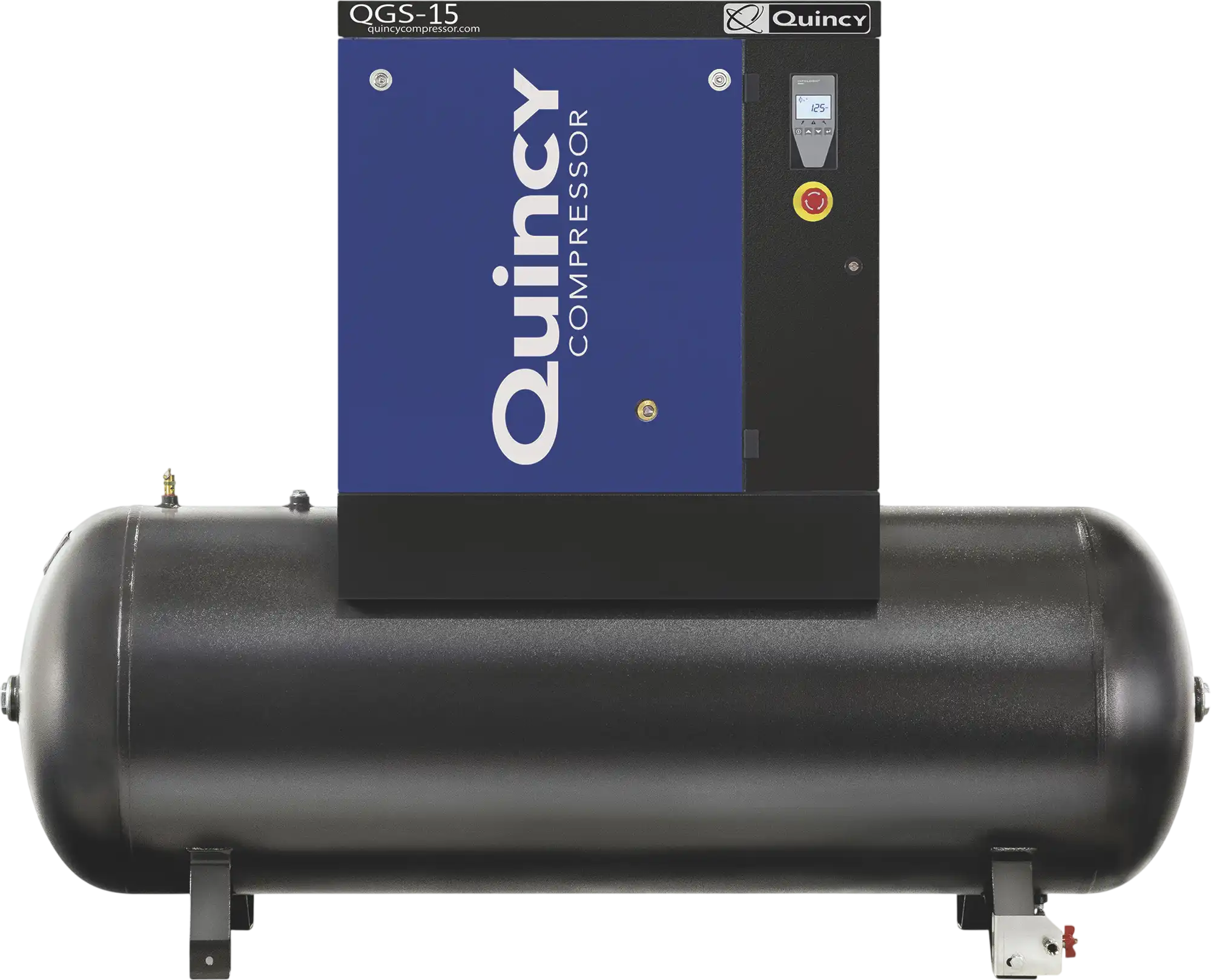 Quincy Compressor QGS-15 Rotary Screw Air Compressor Tank Mounted, 3-Phase, 15 HP, 54.9 CFM at 125 PSI, 132 Gallon New