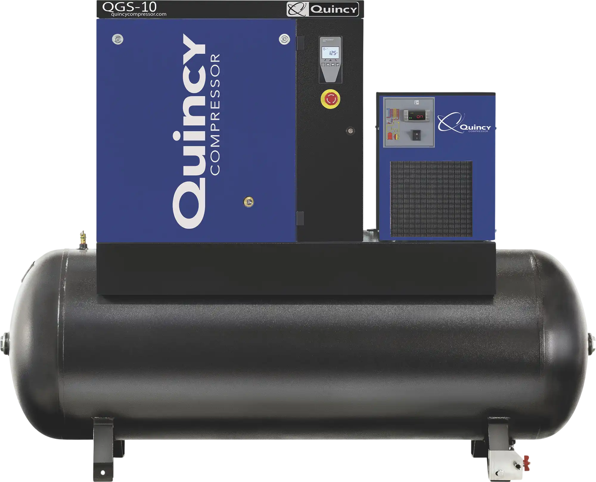 Quincy Compressor QGS-10 Rotary Screw Compressor 10 HP, 38.8 CFM at 125 PSI, 3-Phase, 132-Gallon Horizontal, Tank-Mount with Dryer New