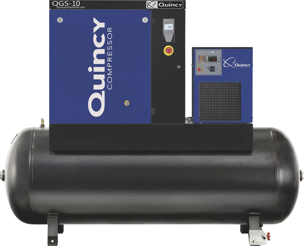 Quincy Compressor QGS-10 Rotary Screw Compressor 10 HP, 38.8 CFM at 125 PSI, 3-Phase, 132-Gallon Horizontal, Tank-Mount with Dryer New