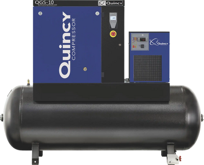 Quincy Compressor QGS-10 Rotary Screw Compressor 10 HP, 38.8 CFM at 125 PSI, 3-Phase, 132-Gallon Horizontal, Tank-Mount with Dryer New