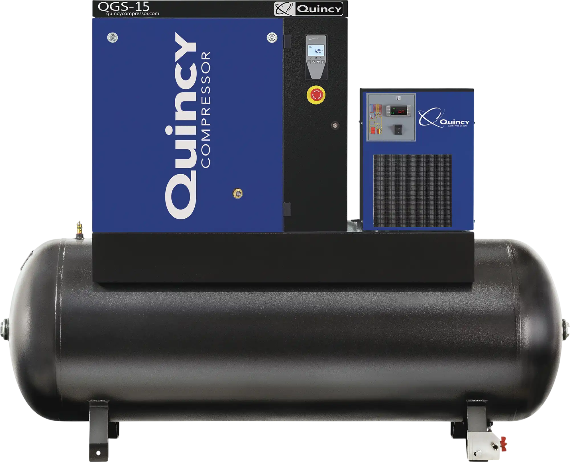 Quincy Compressor QGS-15 Rotary Screw Compressor 15 HP 54.9 CFM at 125 PSI 3-Phase 120-Gallon Horizontal Tank-Mount with Dryer New