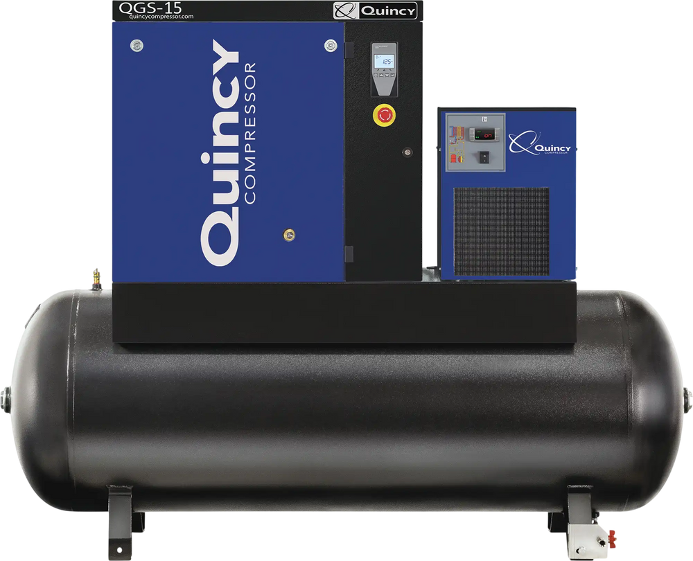 Quincy Compressor QGS-15 Rotary Screw Compressor 15 HP 54.9 CFM at 125 PSI 3-Phase 120-Gallon Horizontal Tank-Mount with Dryer New