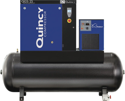 Quincy Compressor QGS-15 Rotary Screw Compressor 15 HP 54.9 CFM at 125 PSI 3-Phase 120-Gallon Horizontal Tank-Mount with Dryer New