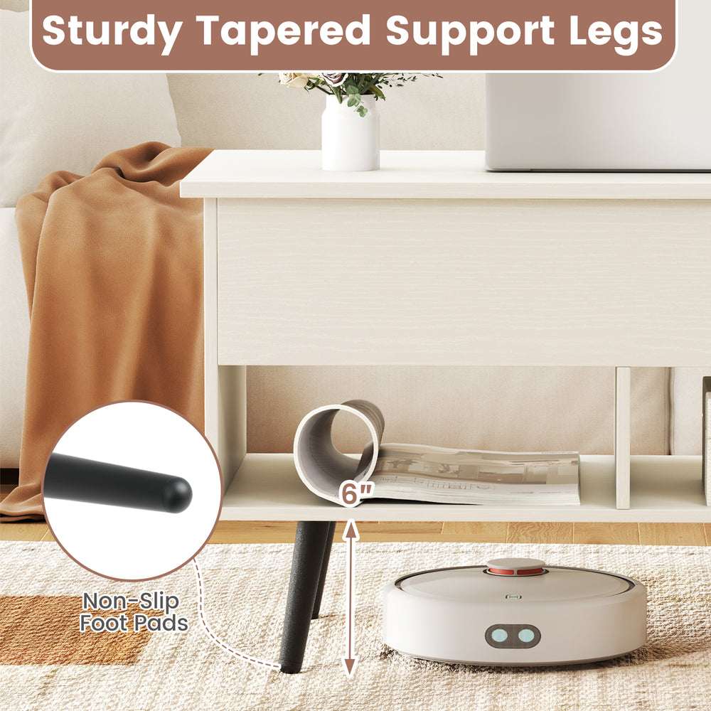 Lift-top coffee table with sturdy tapered legs, hidden storage, and open shelves, perfect for versatile room use.