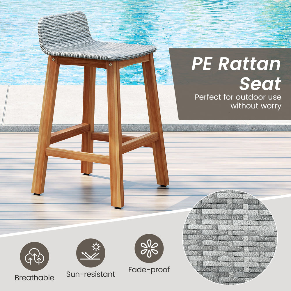 Gray PE rattan seat bar stool with acacia wood legs, perfect for outdoor use on porch or balcony.