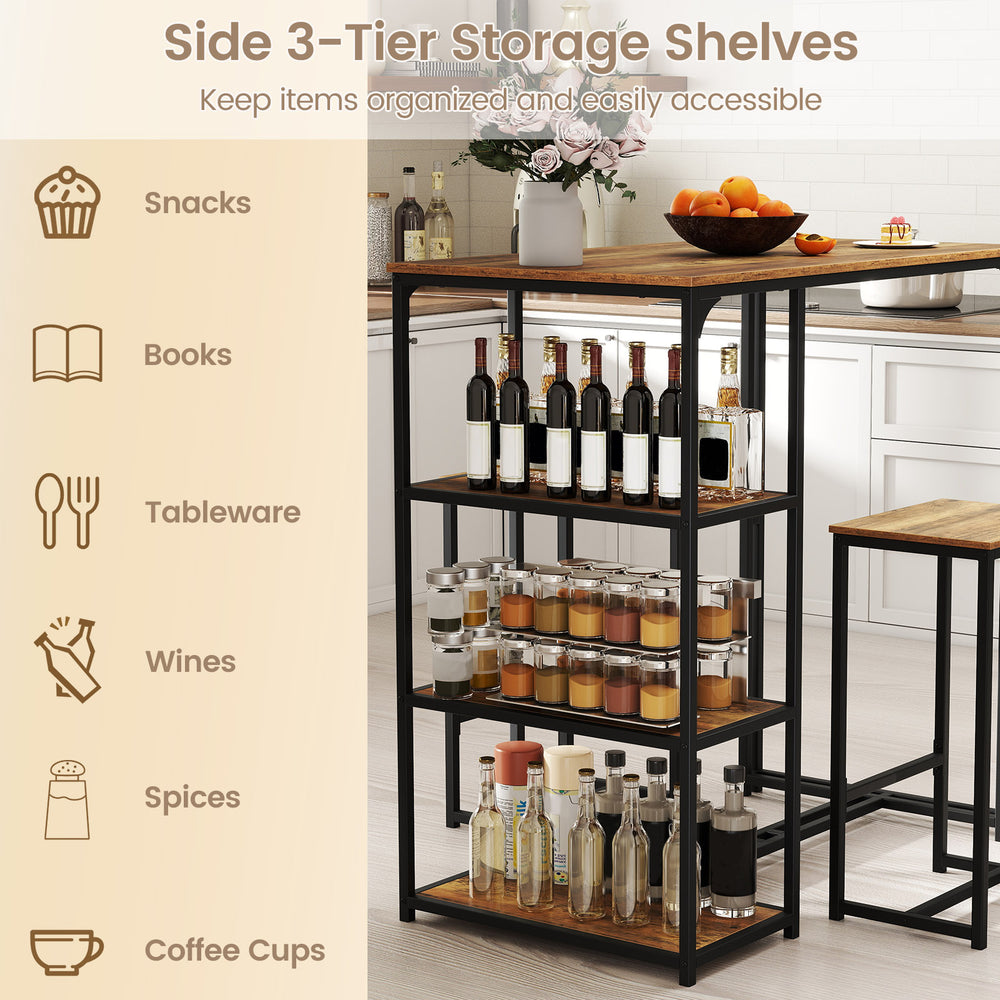 3-tier storage shelves with rustic brown bar table set for organizing snacks, wines, and spices in a compact dining.