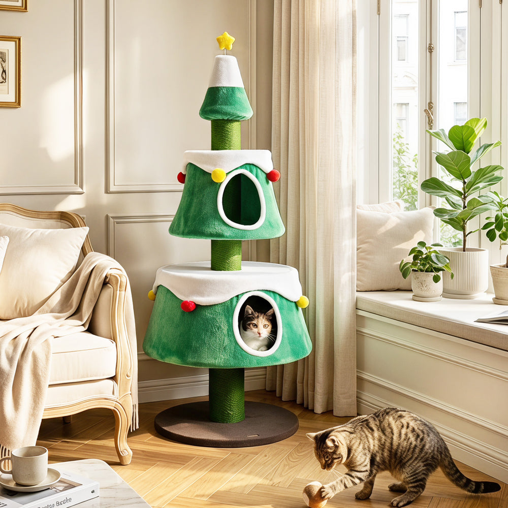 Cat Christmas tree with two large condos, plush star toy, and decorative balls for indoor kittens' play and relaxation.