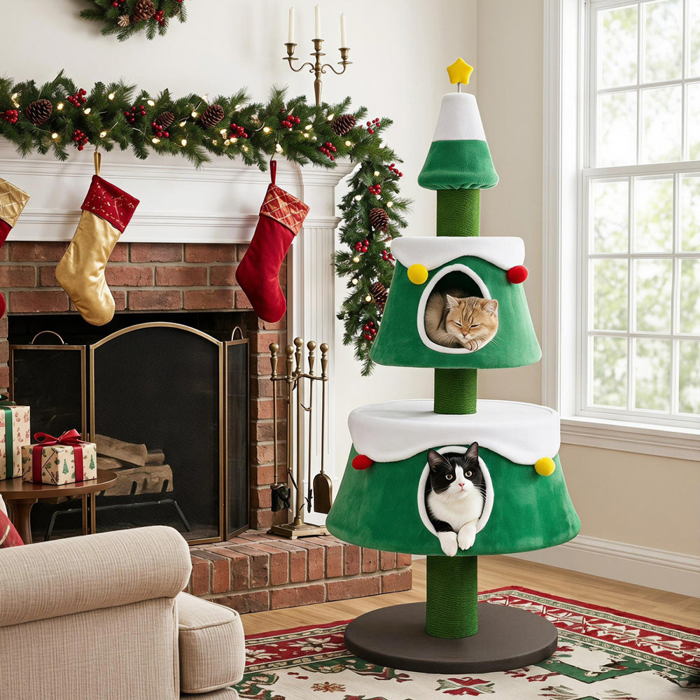Cat Christmas tree with two large condos, plush star toy, and decorative balls, perfect for indoor kittens.