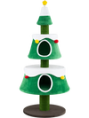 Green cat Christmas tree featuring a plush top star spring toy and two cozy condos for indoor kitten fun.