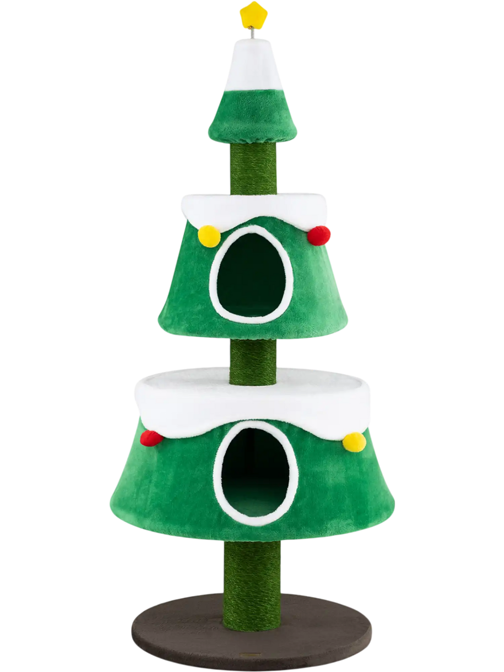 Green cat Christmas tree featuring a plush top star spring toy and two cozy condos for indoor kitten fun.