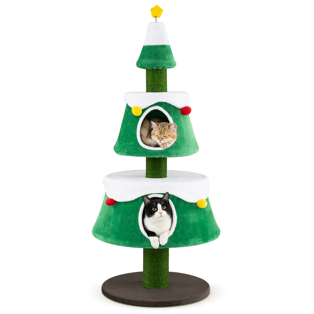 Cat Christmas tree tower in green with two plush condos, decorative balls, and a star spring toy for indoor kittens.