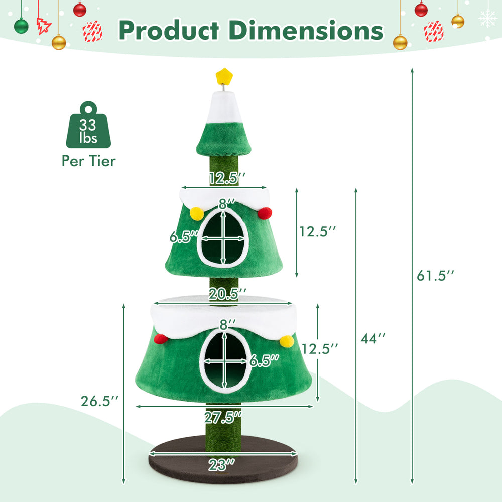 Cat Christmas tree tower with 2 large condos, plush star toy, and colorful decorations, perfect for indoor kittens.