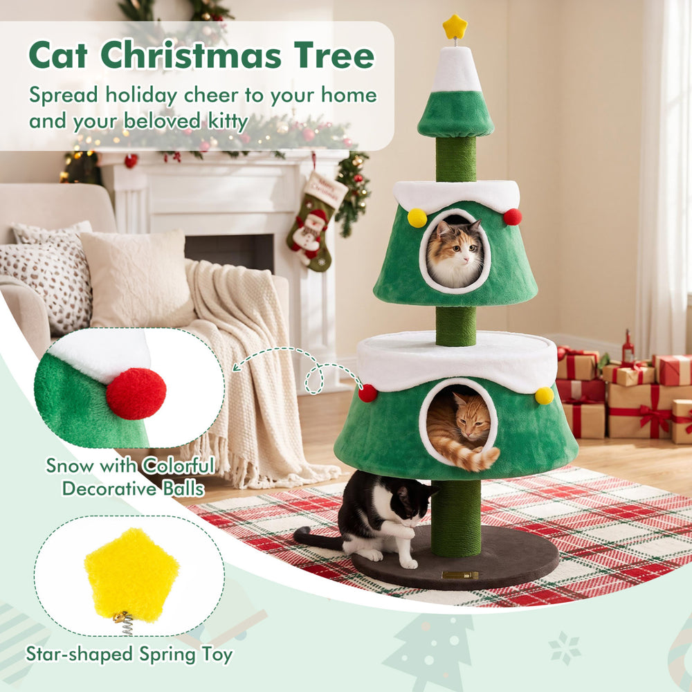 Cat Christmas tree with two large condos, colorful decorative balls, and a star spring toy for indoor kittens.